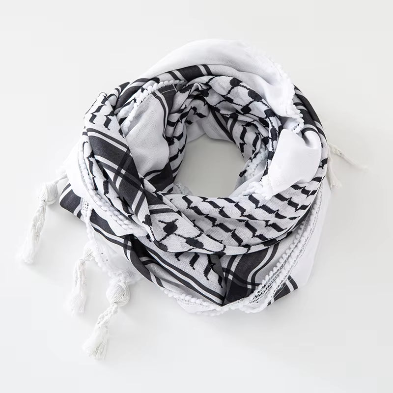 Classic Plaid Print Hijab Scarf Pompom Tassels Black and White Square Shemagh Muslim Headscarf Women Arab Keffiyeh Hijabs